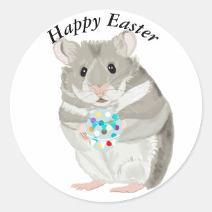 Adesivo Lindo Hamster Cinza Segurando um Ovo de Páscoa Edi