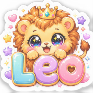 Adesivo Lindo Kawaii Leo Leão Nome Pastel Rosa Coroa Brilh