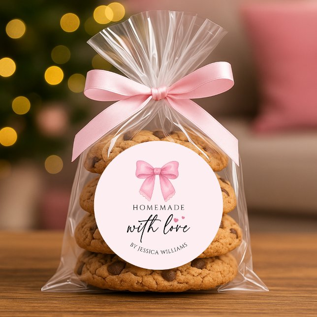 Adesivo Lindo Laço Rosa Coquette Produtos Caseiros (Cute Pink Bow Coquette homemade Goods Classic Round Sticker)