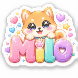 Adesivo Lindo Milo Cachorro Kawaii Nome Pastel Rosa Brilha