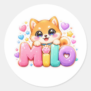 Adesivo Lindo Milo Cachorro Kawaii Nome Pastel Rosa Brilha