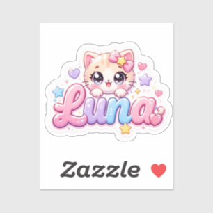 Adesivo Lindo Nome de Gato Kawaii Luna Rosa Pastel Brilhan