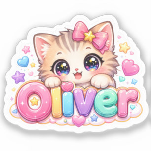 Adesivo Lindo Nome de Gato Oliver Kawaii Pastel Rosa Brilh