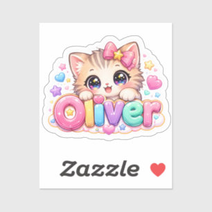 Adesivo Lindo Nome de Gato Oliver Kawaii Rosa Pastel Brilh