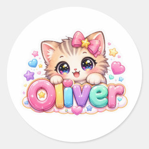 Adesivo Lindo Nome de Gato Oliver Kawaii Rosa Pastel Brilh