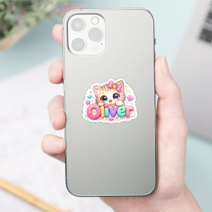 Adesivo Lindo Nome de Gato Oliver Kawaii Rosa Pastel Brilh