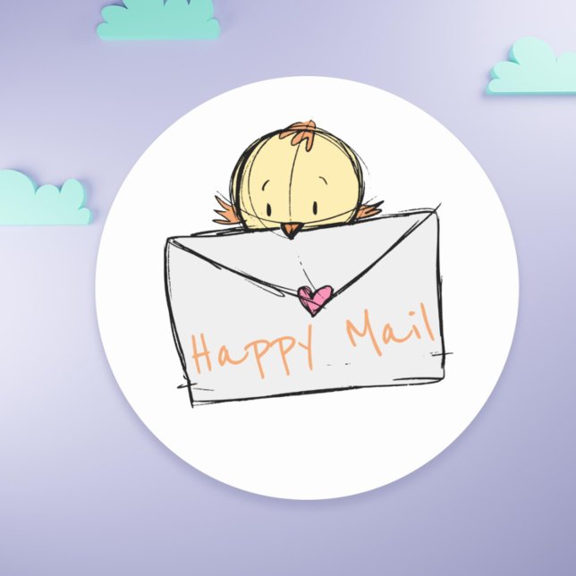 Adesivo Lindo passarinho voando com uma carta Correio Feli (Cute little bird flying with a letter Happy Mail Classic Round Sticker)
