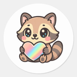 Adesivo Lindos Guaxinins Kawaii Felizes com Coração Arco-Í