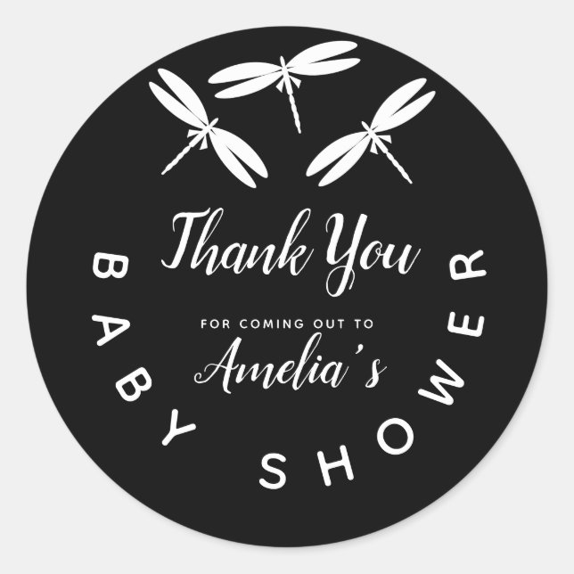 Adesivo Lindos Libélulas  Agradecimento Festa de Bebê Pret (Frente)