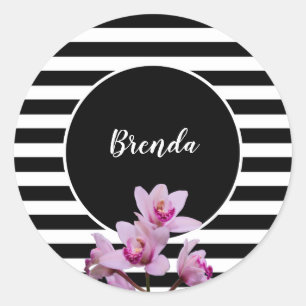 Adesivo Listras pretas e brancas personalizadas com orquíd
