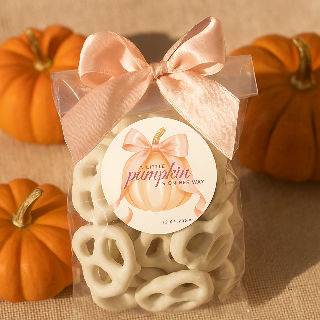 Adesivo Little Pumpkin on the Way Pink Bow Baby Shower (Criador carregado)