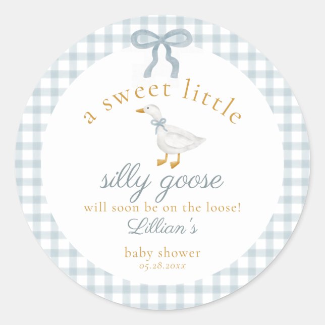 Adesivo Little Silly Goose Bow Baby Shower Blue Gingham  (Frente)