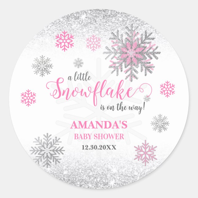 Adesivo Little Snowflake Pink Silver Glittery Baby Shower  (Frente)