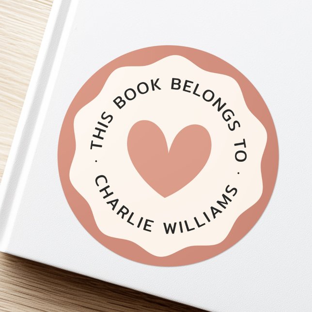 Adesivo Livro da biblioteca de creme de terracotta de bord (Heart wavy border terracotta cream library book classic round sticker)