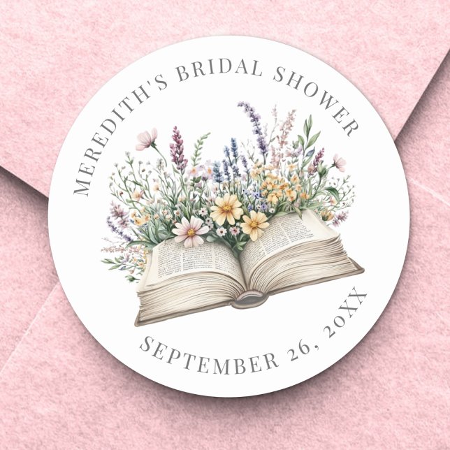 Adesivo Livro Novo Capítulo Chá de Bebê da Noiva Wildflowe (Book New Chapter Wildflower Bridal Shower Classic Round Sticker )