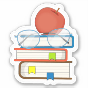 Adesivo Livros Empilhados Fofos Maçã Professora Escola