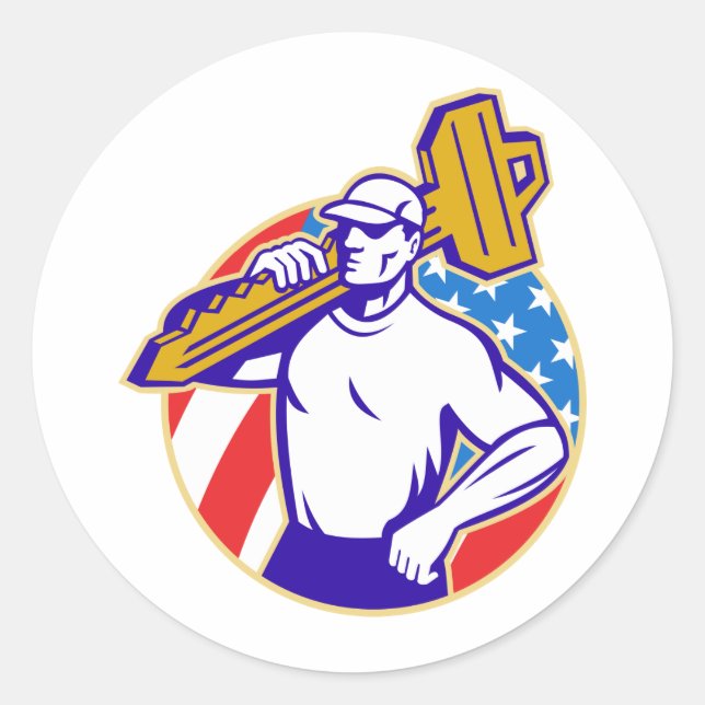 Adesivo Locksmith com chave de retenção com bandeira ameri (Frente)