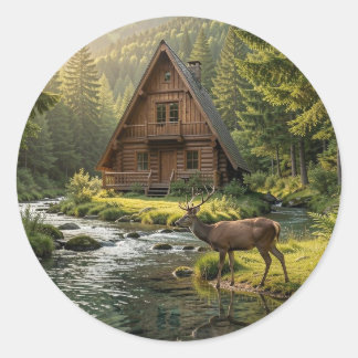 Adesivo Log Cabin, Stream, Mountains and Deer Nature Art