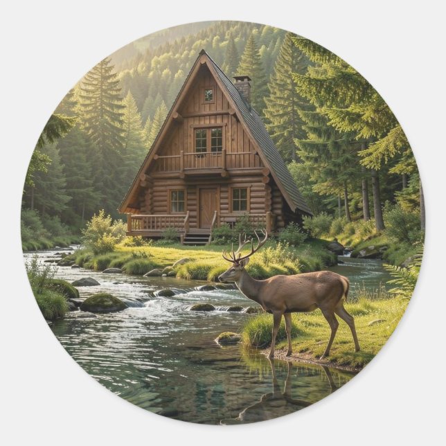 Adesivo Log Cabin, Stream, Mountains and Deer Nature Art (Frente)
