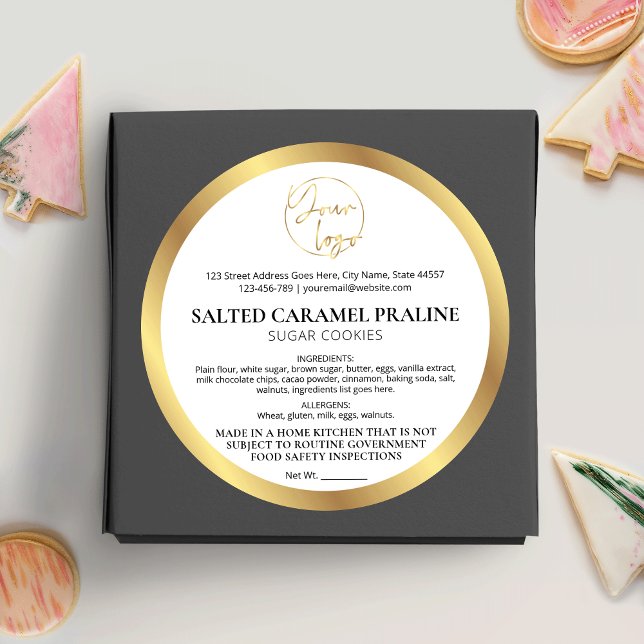 Adesivo Logotipo branco e Dourado: Ingredientes modernos d (Faux gold and white bakery cottage law stickers with logo, great for your food packaging)