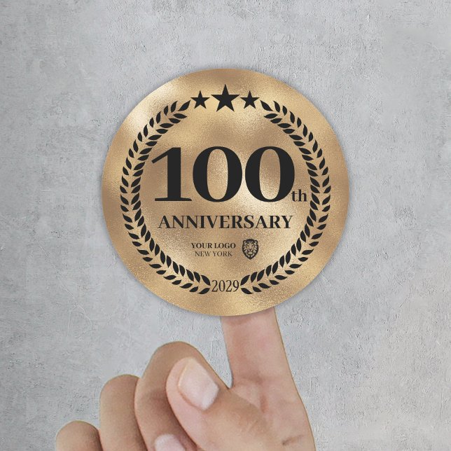 Adesivo Logotipo comercial do 100º aniversário do Dourado (Gold 100th Anniversary Business Logo Classic Round Sticker
)