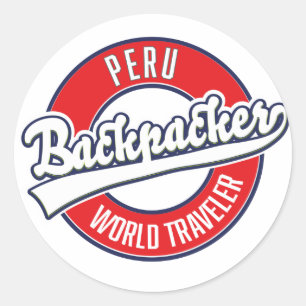 Adesivo logotipo de mochilão no Peru viajante mundial.