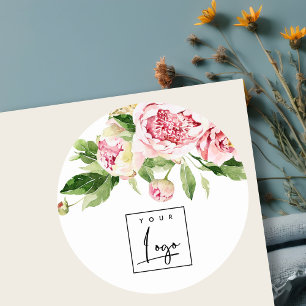 Adesivo Logotipo Floral de Peônia com Aquarela Rosa e Verd