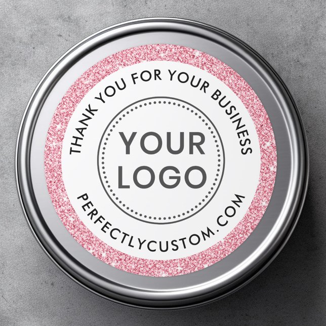 Adesivo Logotipo personalizado, obrigado de negócios de bo (Round business thank you sticker with your custom logo and faux pink glitter border)