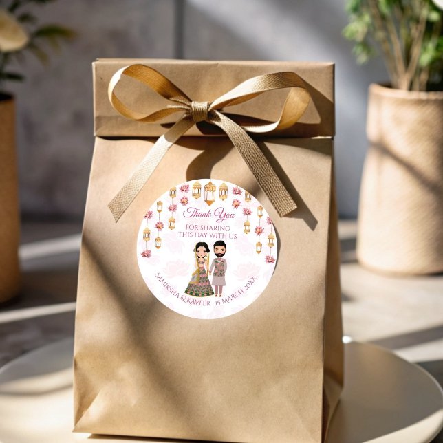 Adesivo Lotus lanterns Casamento índio, favor personalizad (Lotus lanterns Indian wedding personalised favor Classic Round Sticker)