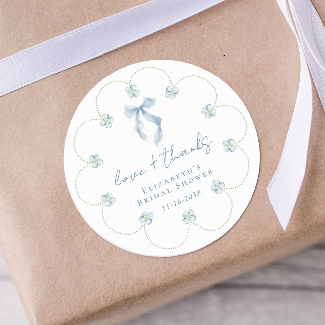 Adesivo Love And Thanks Blue Bow Bridal Shower Thank You (Love And Thanks Blue Bow Bridal Shower Thank You Classic Round Sticker)