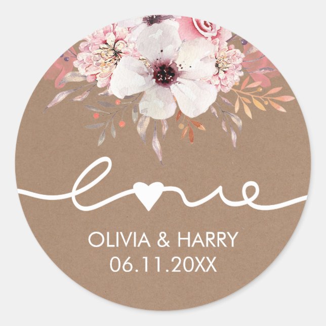 Adesivo Love Floral Weding Favor Stickers | Kraft (Frente)