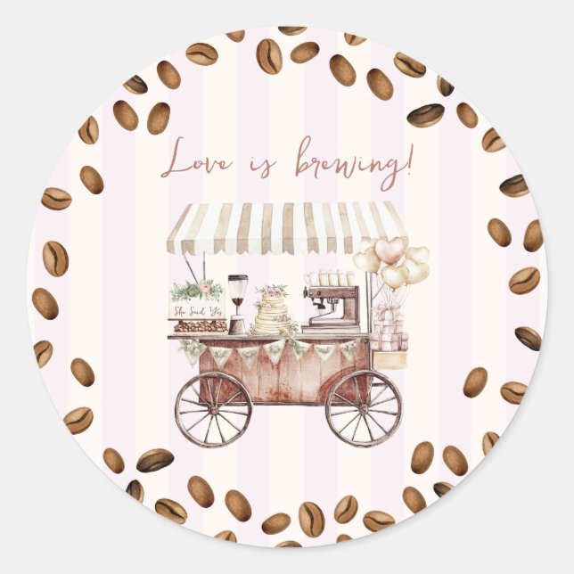 Adesivo Love Is Brewing Coffee Cart Bridal Wedding Shower  (Frente)