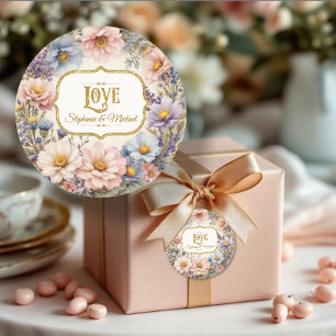 Adesivo LOVE Vintage Tipografia Floral Rosa Azul e Dourada