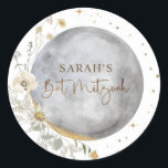 Adesivo Lua Celestial, Prata, Branco e Dourado Bat Mitzvah<br><div class="desc">Um favor elegante e/ou selo vedante Bat Mitzvah com uma bela lua celestial de aquarela e estrelas design coordenando nosso convite "Prata Celestial Chic, Branco e Dourado Bat Mitzvah". A mesma design do fundo do convite. Estrelas da Duna, frase de Bat Mitzvah e detalhes da lua de canto em folha...</div>