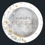 Adesivo Lua Celestial, Prata, Branco e Dourado Bat Mitzvah<br><div class="desc">Um favor elegante e/ou selo vedante Bat Mitzvah com uma bela lua celestial de aquarela e estrelas design coordenando nosso convite "Prata Celestial Chic, Branco e Dourado Bat Mitzvah". A mesma design do fundo do convite. Estrelas da Duna, frase de Bat Mitzvah e detalhes da lua de canto em folha...</div>