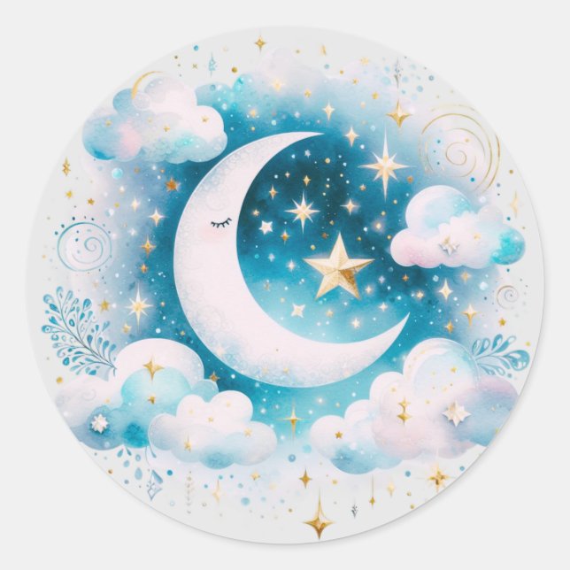 Adesivo Lua Crescente Azul e Branco Celestial Boho Moderno (Frente)