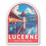 Adesivo Lucerne Suiça Art Vintage<br><div class="desc">Viagem de vetor retrovetor de luzerna. Lucerna,  uma cidade compacta de Suiça conhecida por sua arquitetura medieval preservada,  fica no meio de montanhas com capas de neve no lago Lucerne.</div>