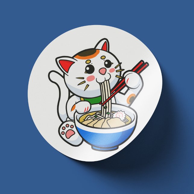 Adesivo Lucky Cat Ramen (Lucky Cat Eating Ramen- Sticker View)