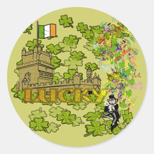 Adesivo Lucky Leprechaun e seu Castelo Irlandês (Frente)