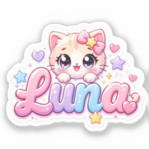 Adesivo Luna Gatinho Kawaii Fofo Nome Rosa Pastel Brilhant