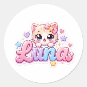 Adesivo Luna Gato Kawaii Fofo Nome Rosa Pastel Brilhante K