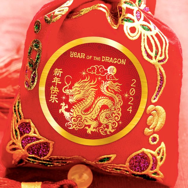 Adesivo Lunar Chinês Ano Novo 2024 Dragão Vermelho Dourado (LINK FOR 2025 YEAR OF THE SNAKE: https://www.zazzle.com/collections/119316095761799932)