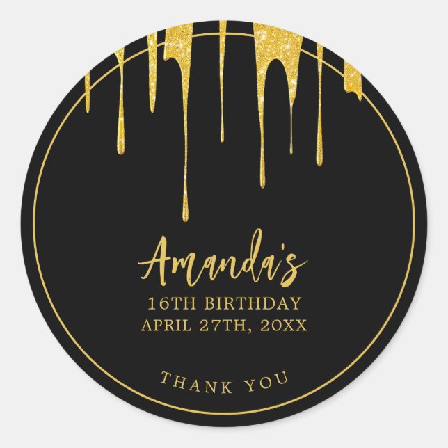 Adesivo Luxúria Dourada Glitter Gota Doce 16 Aniversário (Frente)