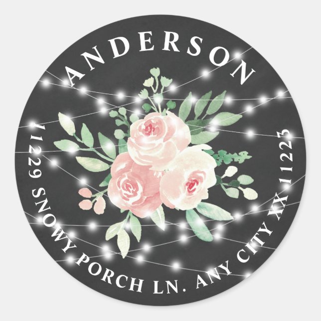 Adesivo Luzes de corda com buquê floral rosa claro endereç (Frente)
