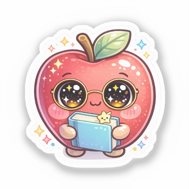 Adesivo Maçã Inteligente Kawaii Fofa com Óculos Segurando  (Frente)