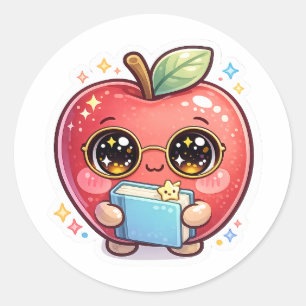 Adesivo Maçã Inteligente Kawaii Fofa com Óculos Segurando 