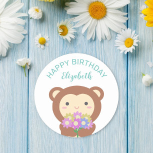 Adesivo Macaco bonito de Kawaii com feliz aniversario das