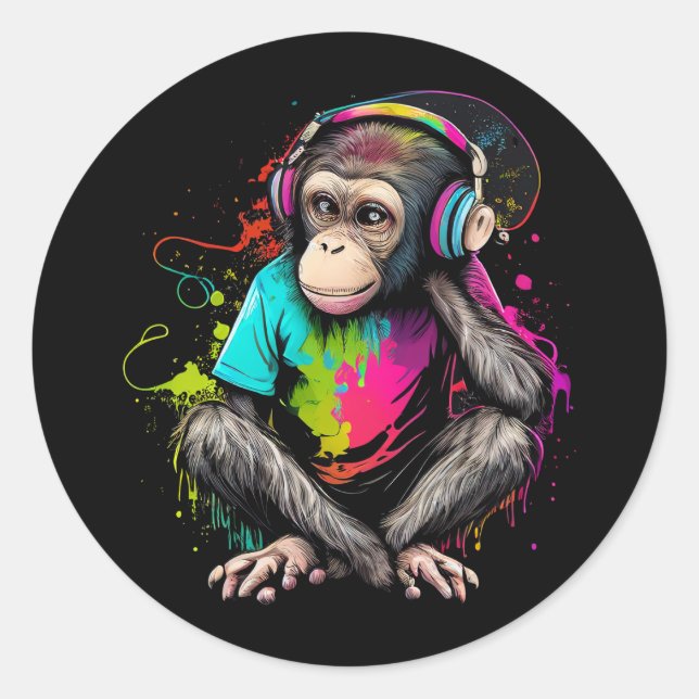 Adesivo Macaco Bonito Ouvindo Música, Macaco Com Música Ob (Frente)
