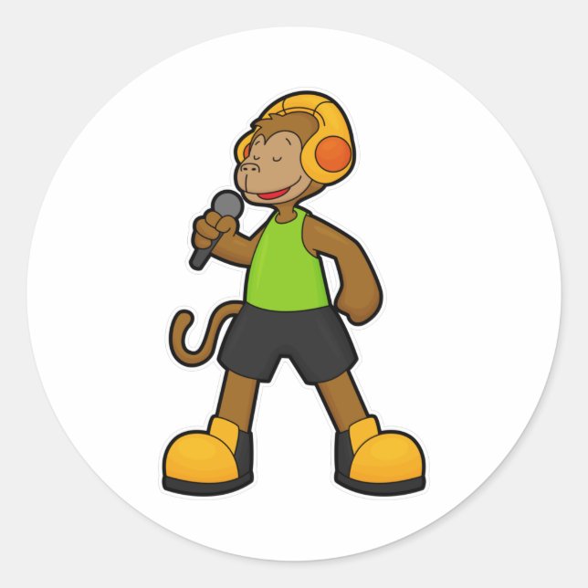 Adesivo Macaco como cantor com microfone e fone de ouvido (Frente)