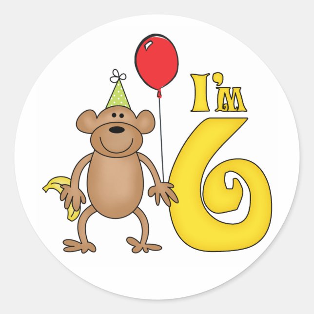 Adesivo Macaco Engraçado 6.º Aniversário (Frente)